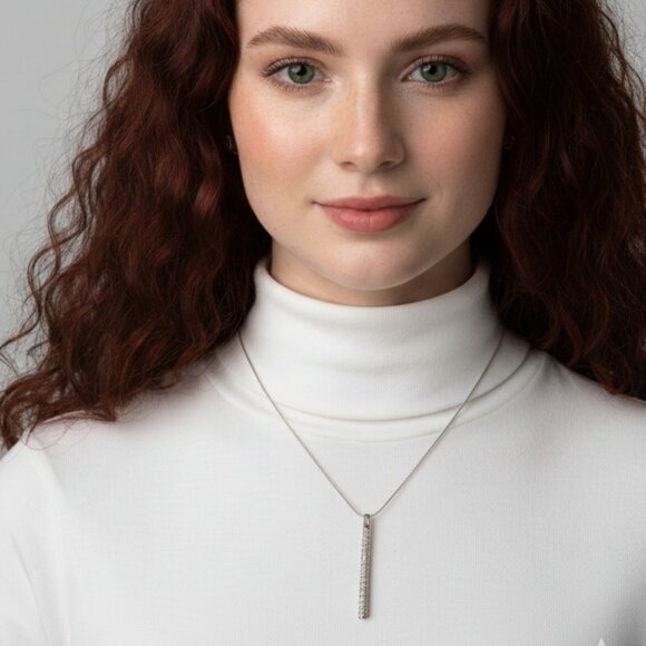 90s Vintage Silver Sparkly Rhinestone Bar Pendant Fashion Necklace - Picture 7 of 8